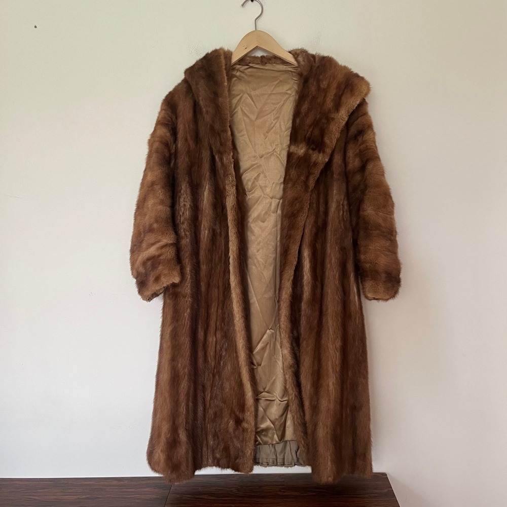 Vintage Hooded Fur Coat Honey Brown Long Duster Mob Wife Glam